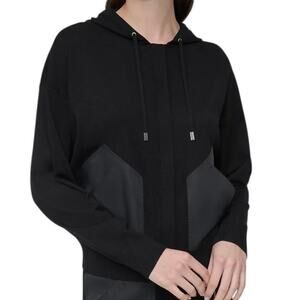 DKNY Women’s Hooded Contrast Pockets Sweater Black Size M
